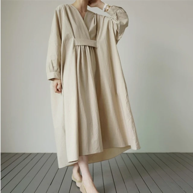 米蘭精品 連身裙長袖洋裝(韓版V領過膝長款女裙子2色74kd32)