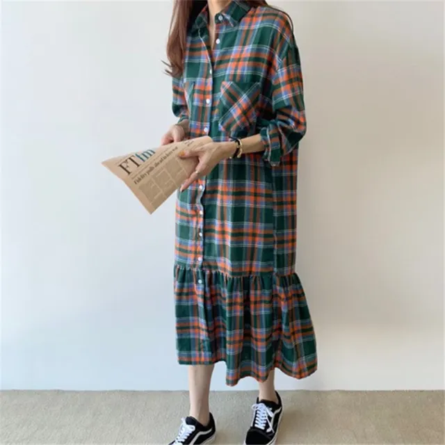 【米蘭精品】現貨+預購 連身裙長袖洋裝大尺碼長裙連衣裙A字裙休閒大碼女裝(韓版文藝撞色格子女裙子74kd34)