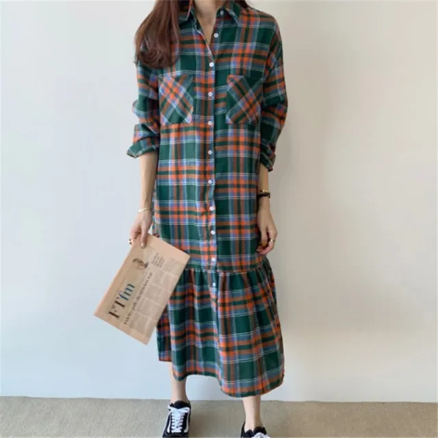 【米蘭精品】現貨+預購 連身裙長袖洋裝大尺碼長裙連衣裙A字裙休閒大碼女裝(韓版文藝撞色格子女裙子74kd34)