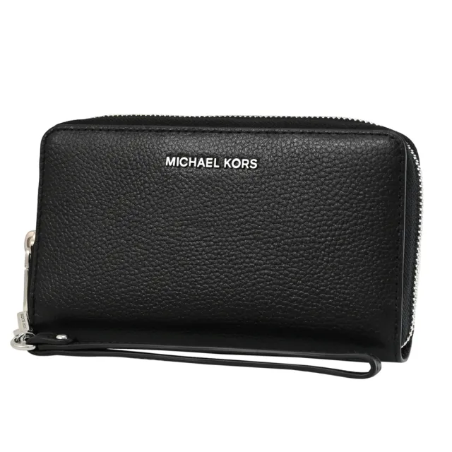 【Michael Kors】簡約金屬LOGO荔紋皮革手提式零錢中夾(黑銀)