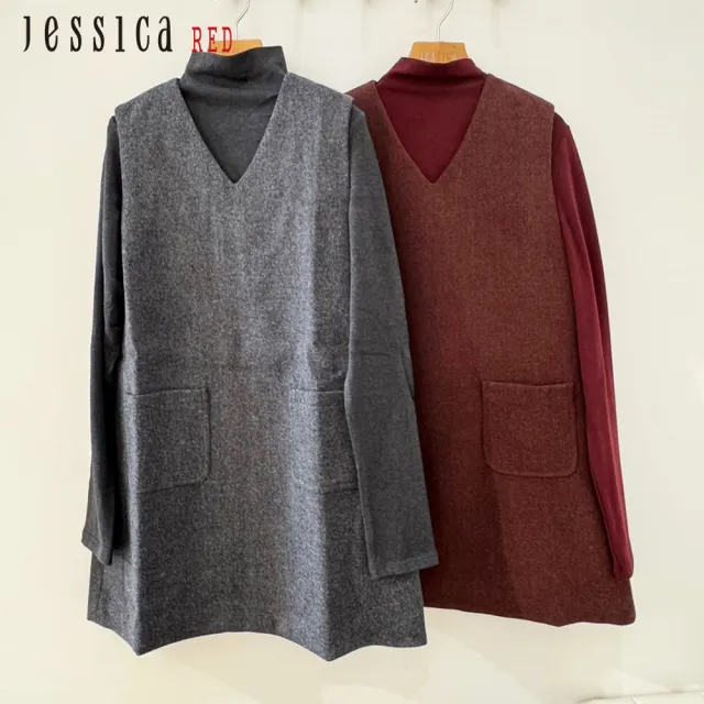【Jessica Red】氣質百搭立領配無袖V領兩件式羊毛洋裝（紅）R44703
