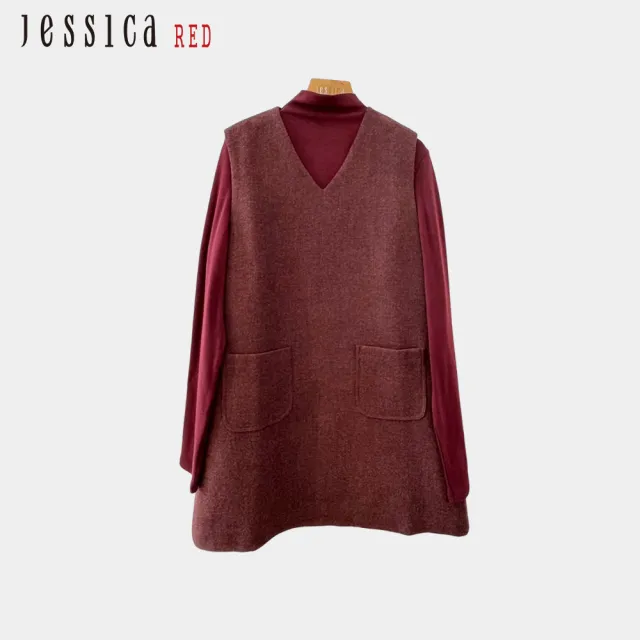 【Jessica Red】氣質百搭立領配無袖V領兩件式羊毛洋裝（紅）R44703