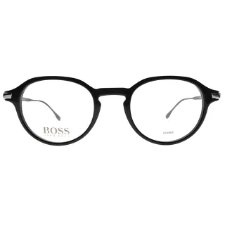 【HUGO BOSS】不鏽鋼LOGO圓膠框眼鏡(黑#HB0988 807)