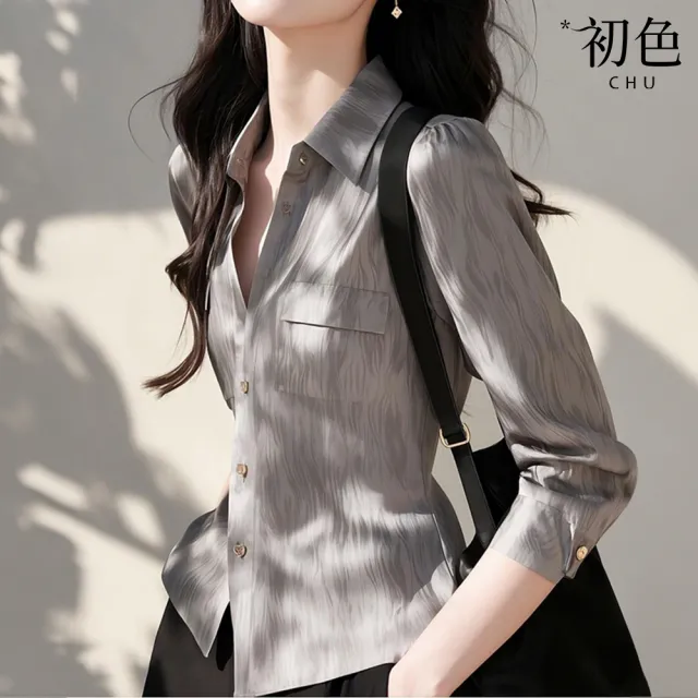 【初色】灰色樹紋簡約顯瘦休閒通勤翻領長袖襯衫上衣女上衣-灰色-10669(M-3XL可選)
