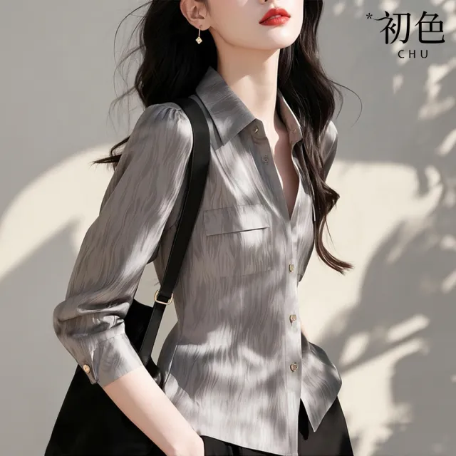 【初色】灰色樹紋簡約顯瘦休閒通勤翻領長袖襯衫上衣女上衣-灰色-10669(M-3XL可選)