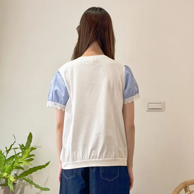 【Hana Mokuba】花木馬日系女裝圓領鏤空蕾絲花邊拼接格紋上衣(蕾絲格紋上衣)