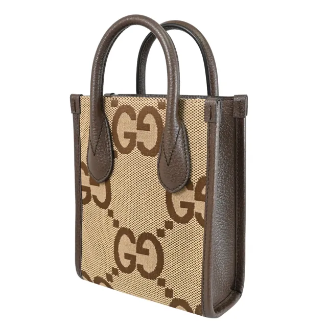 【GUCCI 古馳】JUMBO GG 經典大雙G緹花拼接手提包紙袋包兩用包(駝)