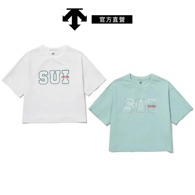 【DESCENTE】迪桑特 SUI TEAM 女士 運動上衣 短版T恤(白色/薄荷綠色)