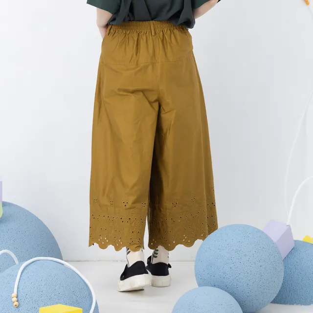【MOSS CLUB】日系氣質A字綉花八分寬褲 藍 灰 黃(藍 灰 黃)