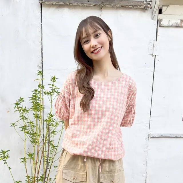 【Hana Mokuba】花木馬日系女裝圓領泡袖綁帶收口格紋上衣(造型上衣)