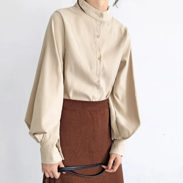 【米蘭精品】現貨+預購 襯衫燈籠袖上衣(港味復古立領純色女裝4色74ke17)