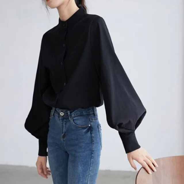 【米蘭精品】現貨+預購 襯衫燈籠袖上衣(港味復古立領純色女裝4色74ke17)