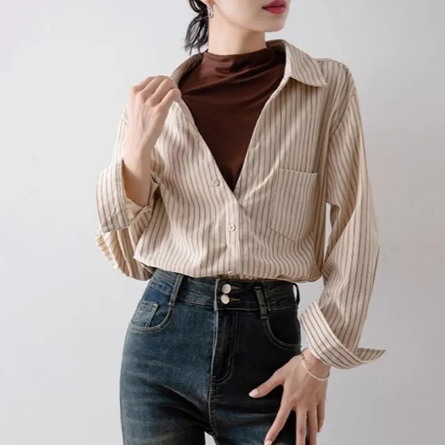【米蘭精品】現貨+預購 襯衫長袖上衣(條紋內搭百搭通勤女裝74ke31)