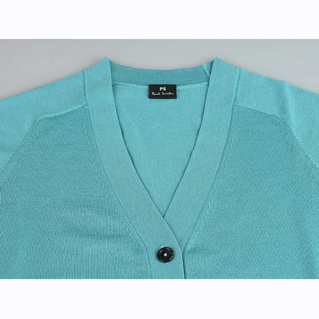 【Paul Smith】PAUL SMITH內標白字LOGO羊毛混紡5鈕釦多色花邊長袖口V領開襟衫(女款/綠藍)