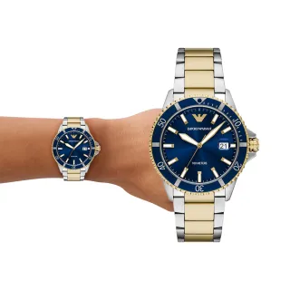 【EMPORIO ARMANI 官方直營】World Explorer 潛水造型手錶 金色x銀色不鏽鋼錶帶 42 MM AR11682