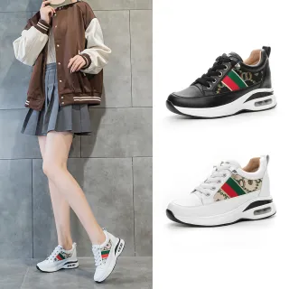 【T2R】正韓空運-真皮帆布拚色內增高厚底休閒鞋-增高約7公分-黑/白(5985-2974/5985-2975)