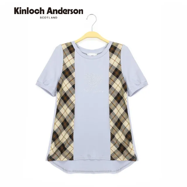 【Kinloch Anderson】格紋拼接熊頭燙鑽五分袖造型短袖上衣(KA1255307 灰藍 / 黑)