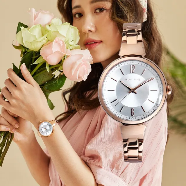 【Relax Time】奢華百搭女士時尚腕錶 玫殼白 36mm(RT-115-2)