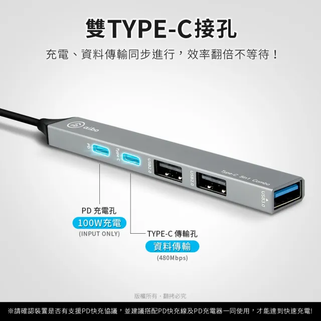 【aibo】TP5 Type-C 五合一多功能擴充器(PD快充100W/USB3.0)