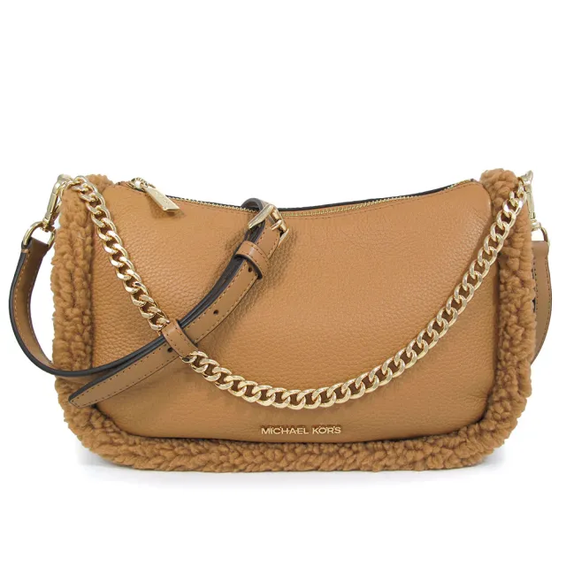 【Michael Kors】荔枝紋皮革毛邊鏈帶手提x斜背包(駝色)