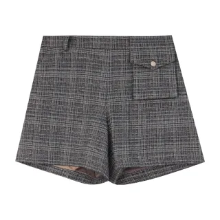 【MYVEGA 麥雪爾】毛呢大口袋鬆緊腰細格紋短褲-咖啡