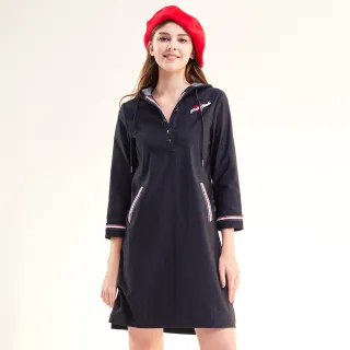 【MYVEGA 麥雪爾】愛心刺繡連帽保暖內刷毛短洋裝-深藍