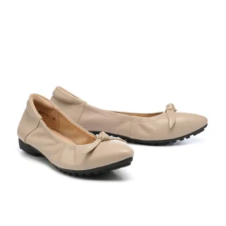 【MELROSE】美樂斯 內斂扭結皮花全真皮尖頭Q軟娃娃低跟鞋(杏)