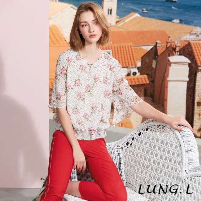 【LUNG.L 林佳樺】LS60A白色提花雪紡印花質感五分袖女裝上衣(春夏新品)