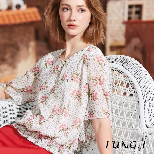 【LUNG.L 林佳樺】LS60A白色提花雪紡印花質感五分袖女裝上衣(春夏新品)