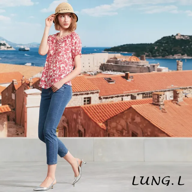 【LUNG.L 林佳樺】LS27A桃紅色印花領綁結Aline短袖女裝上衣(春夏新品 加大尺碼)