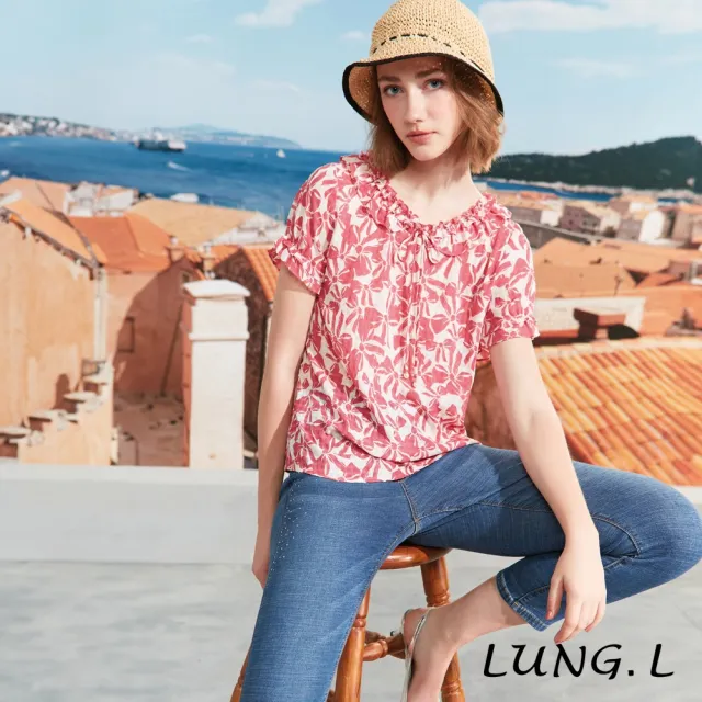 【LUNG.L 林佳樺】LS27A桃紅色印花領綁結Aline短袖女裝上衣(春夏新品 加大尺碼)
