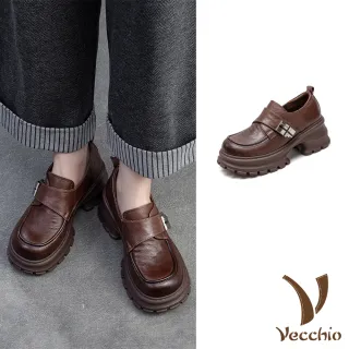 【Vecchio】真皮樂福鞋 厚底樂福鞋/真皮頭層牛皮個性金屬釦粗跟厚底小皮鞋 樂福鞋(棕)