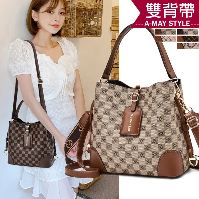 【Amay Style 艾美時尚】女包 開運包 斜背包 手提包 時尚格紋雙背帶肩背水桶包(6色.現貨+預購)