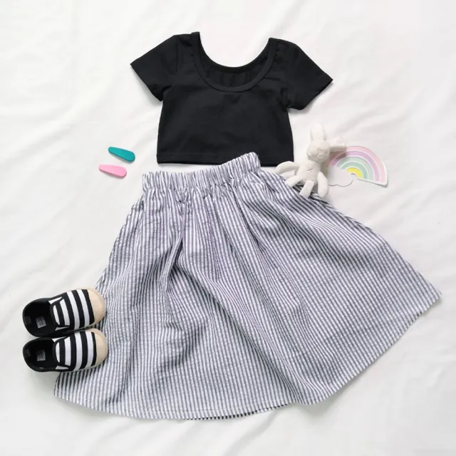 【橘魔法】黑色圓領短袖上衣＋條紋大圓裙 套裝(親子裝 裙子 中長裙 大童 大人 兒童 女童 童裝)