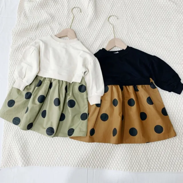 【橘魔法】大波點拼接衛衣洋裝(蓬蓬袖 連身洋裝 連衣裙 連身裙 女童 童裝 親子裝 兒童)