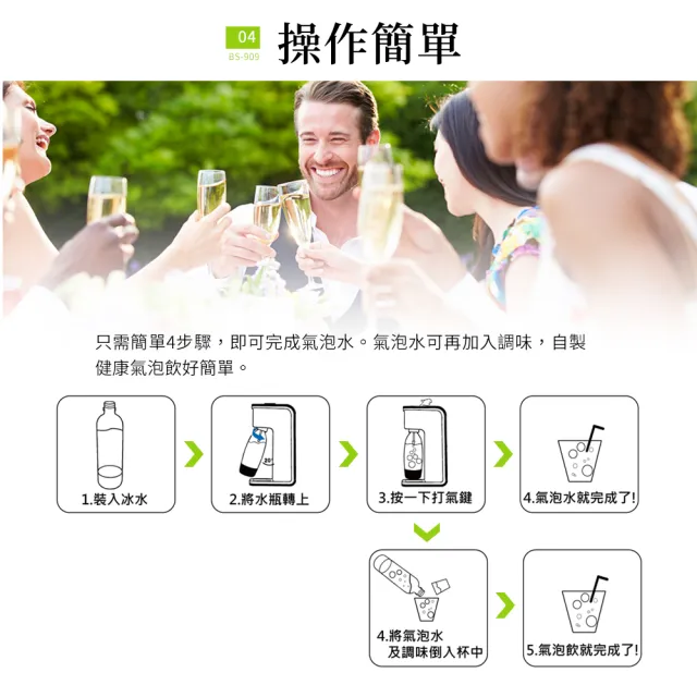 【法國BubbleSoda】節能免插電全自動氣泡水機-經典白大氣瓶BS-909KTB2(超值8件組)