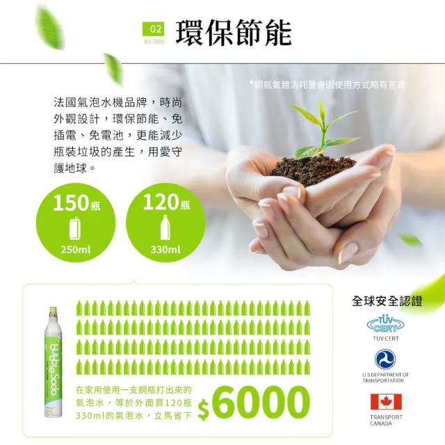 【法國BubbleSoda】節能免插電全自動氣泡水機-經典白BS-909KTS2(超值7件組)