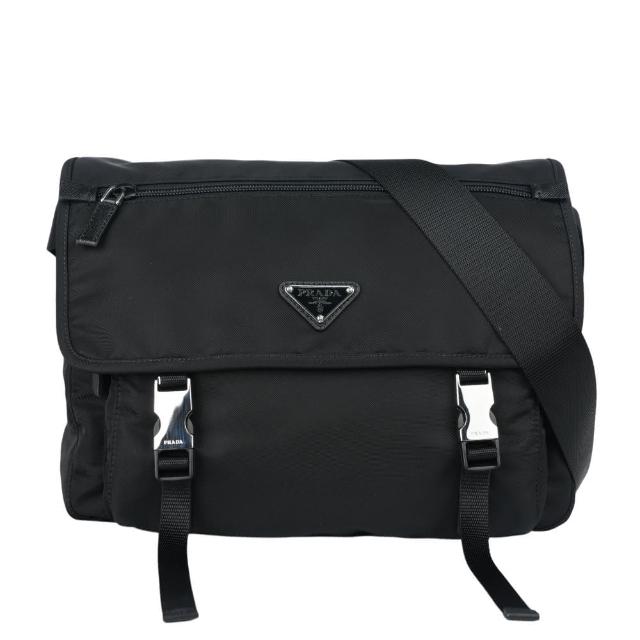 【PRADA 普拉達】三角牌尼龍雙釦中款斜背包/相機包(黑色)【entrupy安心購】