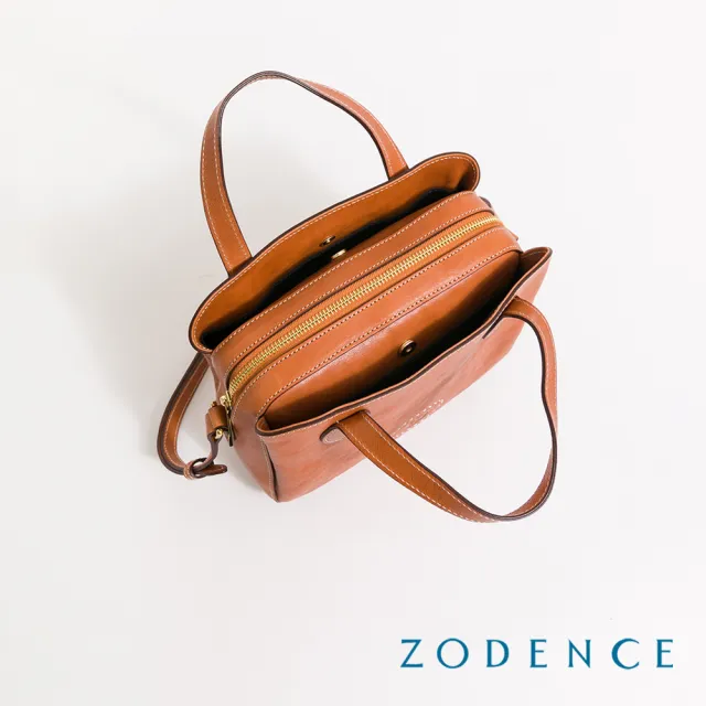 【ZODENCE 佐登司】HAN義大利植鞣革商務休閒三層手提斜背包(經典駝)