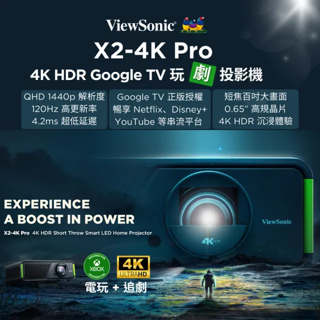 【ViewSonic 優派】X2-4K Pro 4K HDR Google TV 玩劇投影機(3300 LED 亮度)