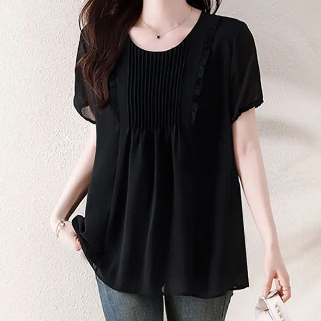 【麗質達人】5815黑色雪紡上衣-LY(L-5XL)