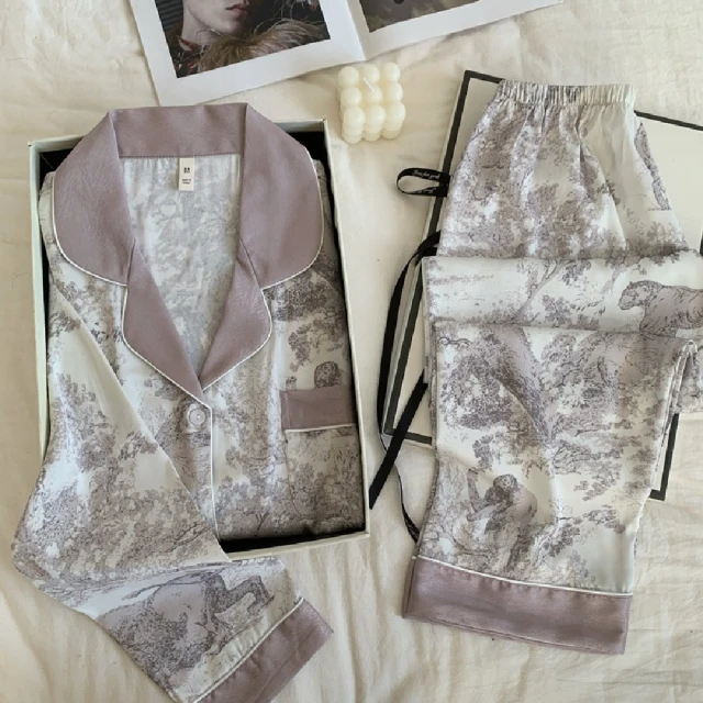 米蘭精品 睡衣套裝長袖家居服(山景如畫文藝印花女休閒服74kl9)