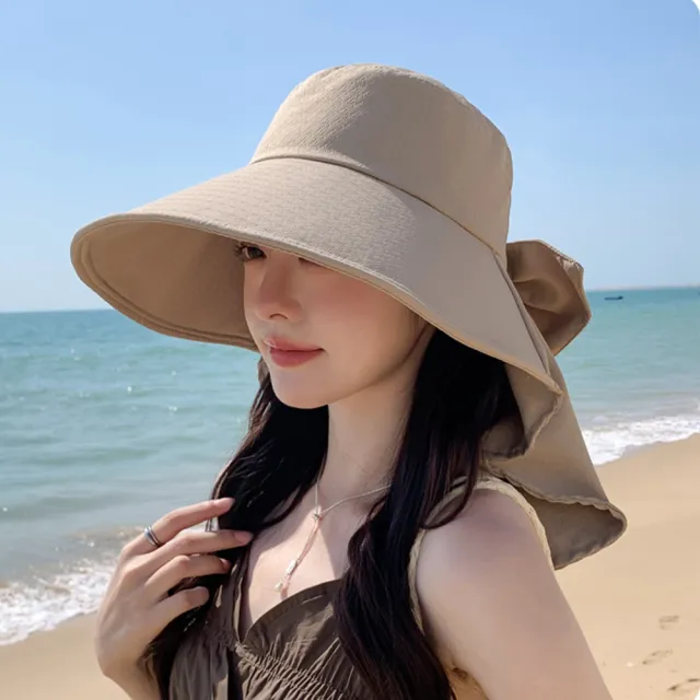 【MUAN】夏季大簷披肩蝴蝶結漁夫帽 戶外騎行遮陽帽 防曬帽(太陽帽 漁夫帽 登山帽 防風帽)