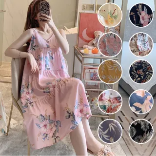 【Wonderland】多款可選 沁涼感100%嫘縈吊帶V領睡衣長裙(女睡衣/連身睡衣/女睡衣居家服/居家睡衣)