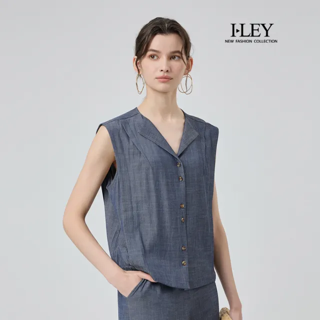【ILEY 伊蕾】無袖翻領縲縈前開釦牛仔背心(藍；M-XL；1252368316)