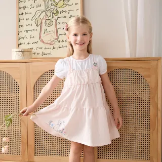 【奇哥】比得兔 女童裝 花漾比得粉白條紋假兩件洋裝(2-4歲)