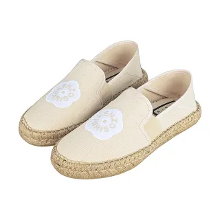 【KENZO】KENZO刺繡字母LOGO小白花設計棉質帆布草編平底鞋(女款/自然米)