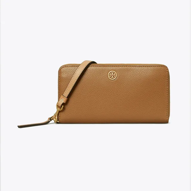 【TORY BURCH】專櫃經典款 Robinson 防刮皮革拉鍊長夾/手拿包/手機包手掛式長夾(手提鏈帶可拆 駝色)