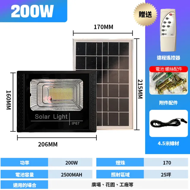 【IDREES 伊德萊斯】200W 太陽能感應燈(太陽能工業照明燈 戶外太陽能路燈 遙控光控感應 免佈線 免安裝)