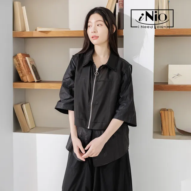 【iNio 衣著美學】短袖上衣 現貨 春夏新品 兩件式 拼接 五分袖上衣 襯衫外套(CEW1056)